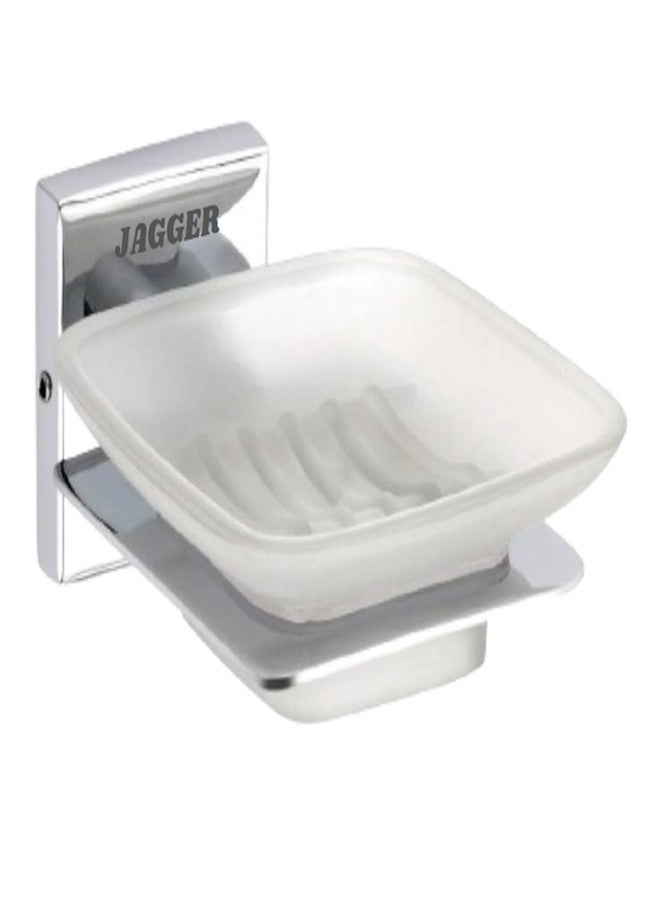 JAGGER حامل صابون جداري JAGGER JAG282 SS304 مع طبق صابون زجاجي/حامل علبة صابون/حامل صابون يستخدم في حوض الغسيل/الحمام/المطبخ (طلاء كروم فضي [مربع]) - Image 2